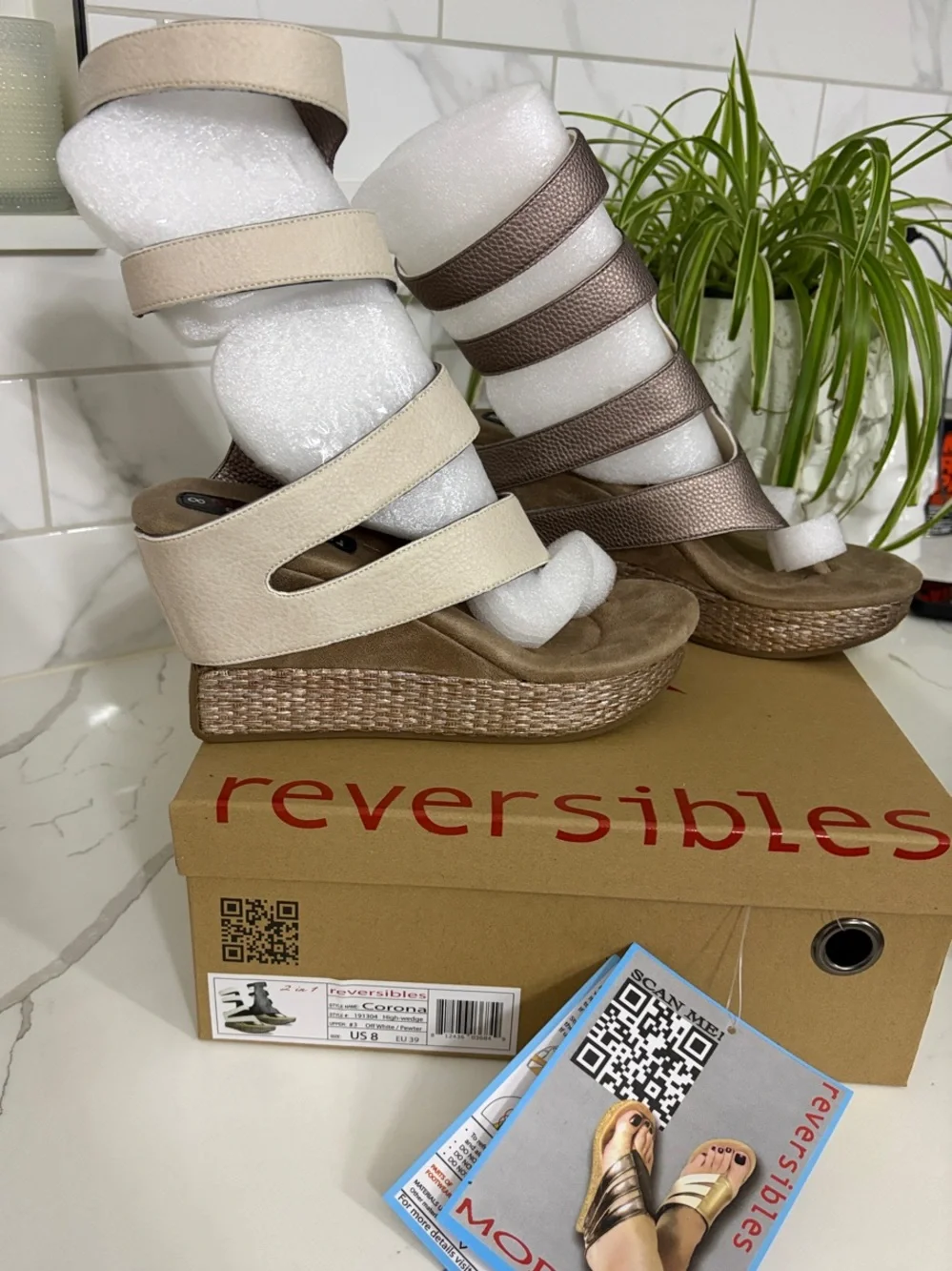 Modzori Reversibles Wedge Sandals in Metallic Bronze or Pewter and off white/crm